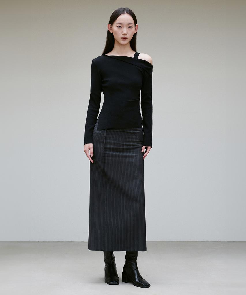 Rie Striped Back-Slit Straight Skirt