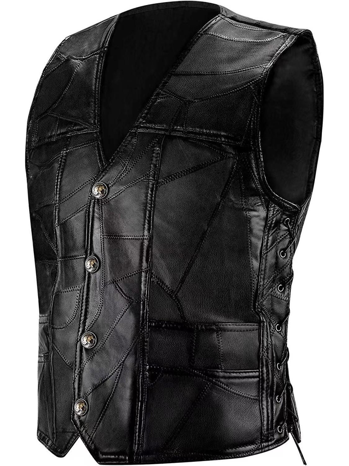 

Чоловічий класичний коричневий мотоциклетний жилет з овечої шкіри - Однотонний, без рукавів XXXL чорний