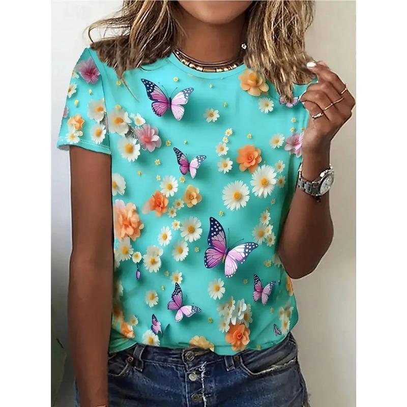 Floral Butterfly 3D Print T-Shirts Women's Casual Short Sleeve Round Neck T Shirt Street Harajuku Tees Y2k Tops Female Clothing
