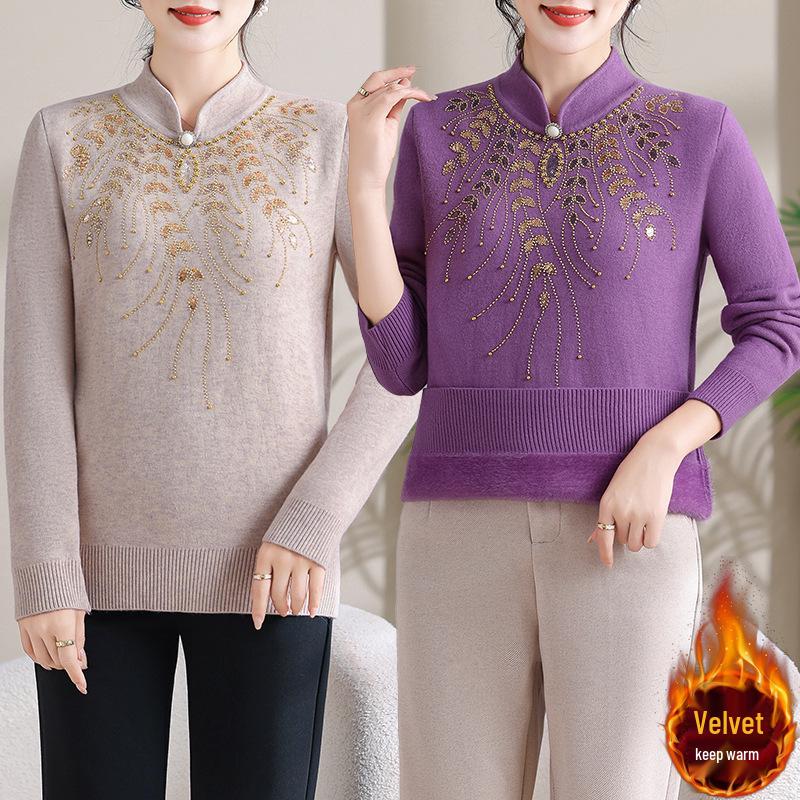 Elegant Red Knitted Pullover: Warm, Fashionable Sweater for Middle-aged and Elderly Women