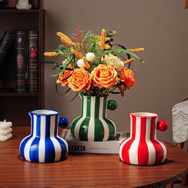Ceramic Stripes Vase Flower Arrangement Chinese Retro Decoration Porcelain Bottle Flower Vase Home Decoration Accessories