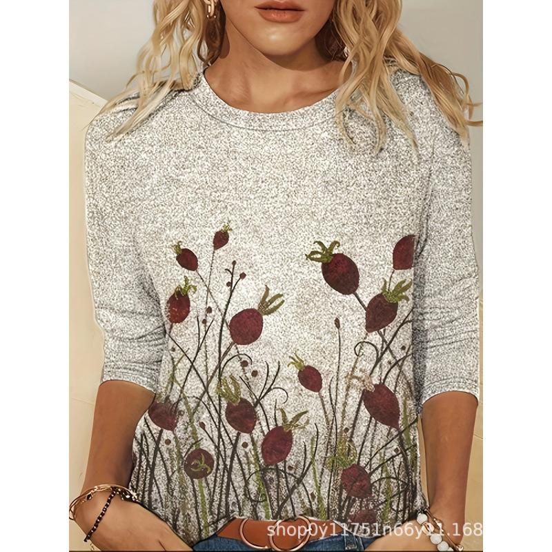 Spring and Autumn Round Neck 3D Flower Pattern Printed Top Fashionable Casual Elegant Long Sleeved Women's T-shirts