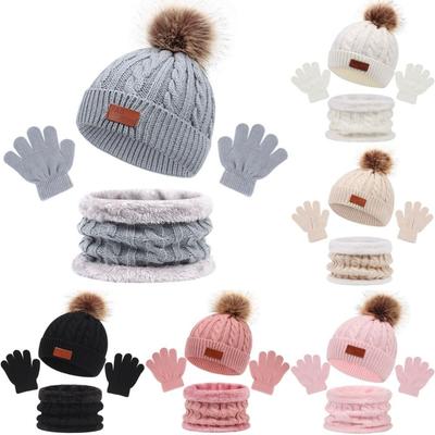 3Pcs Pompom Baby Hat Scarf Gloves Set Solid Color Bonnet Gloves Kits Portable Knitted Hats Scarfs