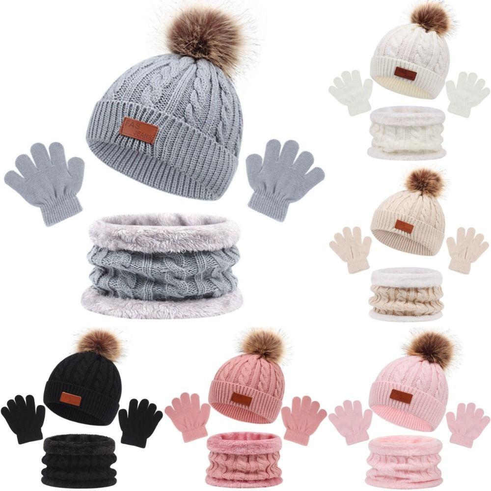 3Pcs Pompom Baby Hat Scarf Gloves Set Solid Color Bonnet Gloves Kits New Knitted Hats Scarfs