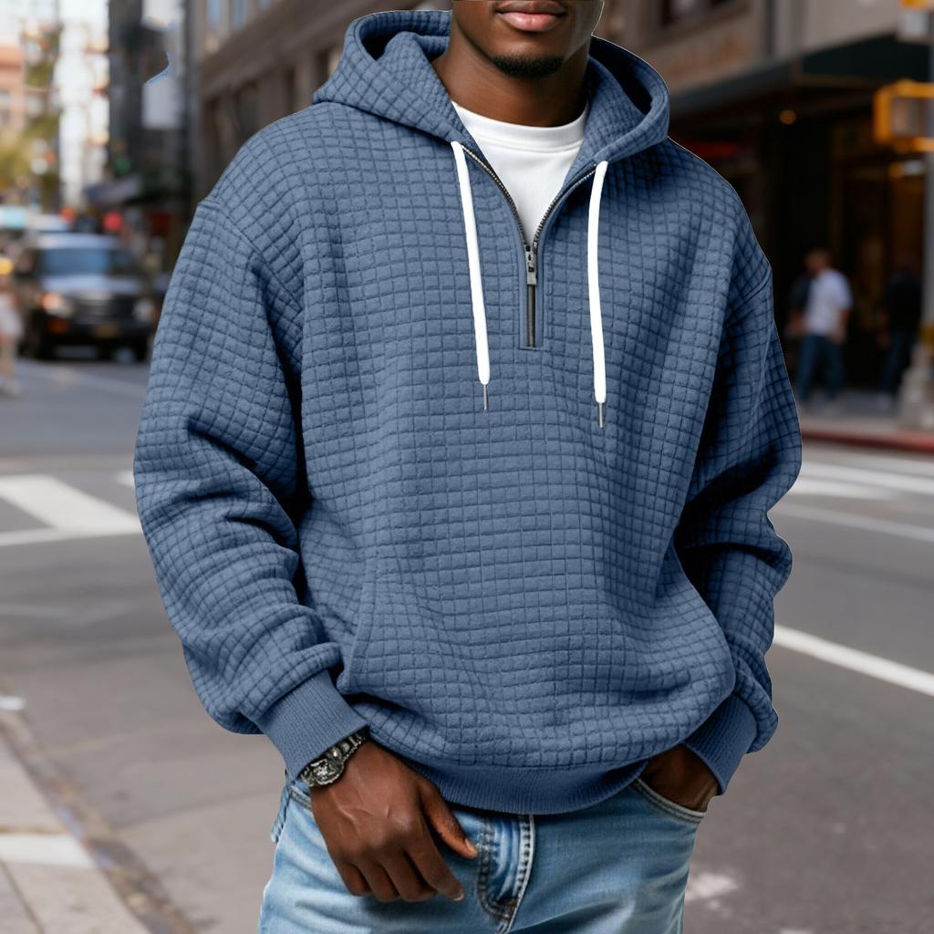 Men's Half-Zip Hooded Plaid Pullover Drawstring Casual Sports Sweatshirt