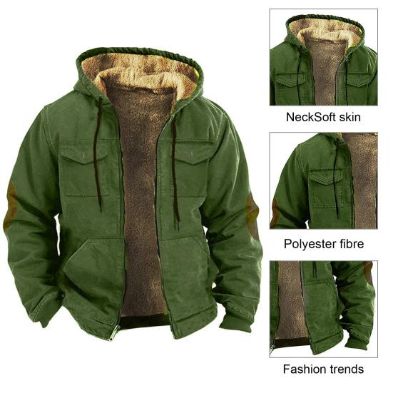Men Thermal Jacket Hooded Drawstring Long Sleeve Solid Color Jacket with Pockets Zipper Closure