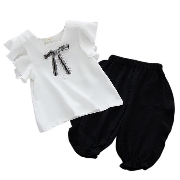 Summer Children Baby Girls Casual Fly Sleeve Bow Tops T-shirt+Short Pants Suits Costume Set
