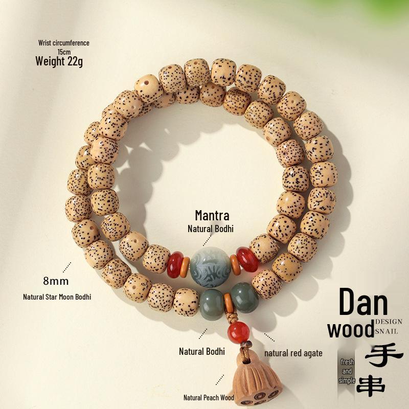 Náramek z krémového topazu s kořenem bodhi: Unisexové buddhistické korálky s dvojitým kruhem a motivem počítadla a lotosu