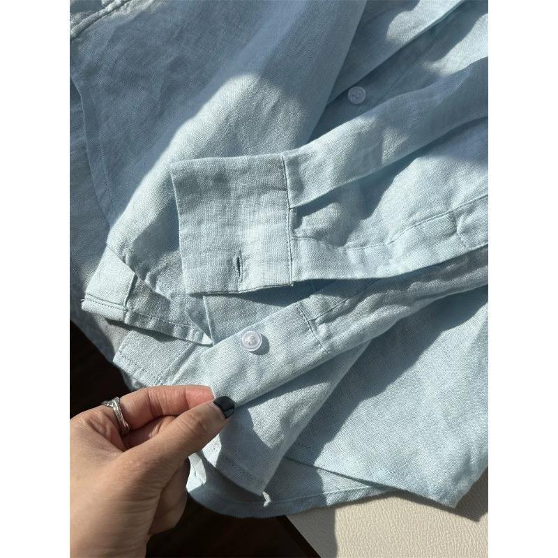 Womens French Style Loose Solid Linen Long Sleeve Thin Casual Summer Shirt Top