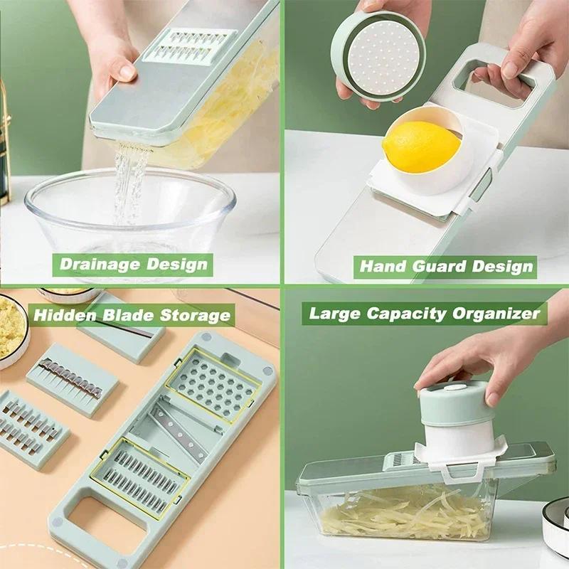 Home Vegetable Chopper & Slicer - 8 Interchangeable Blades Potato Shredder Stainless Steel Grater for Cucumber Onion with Storag