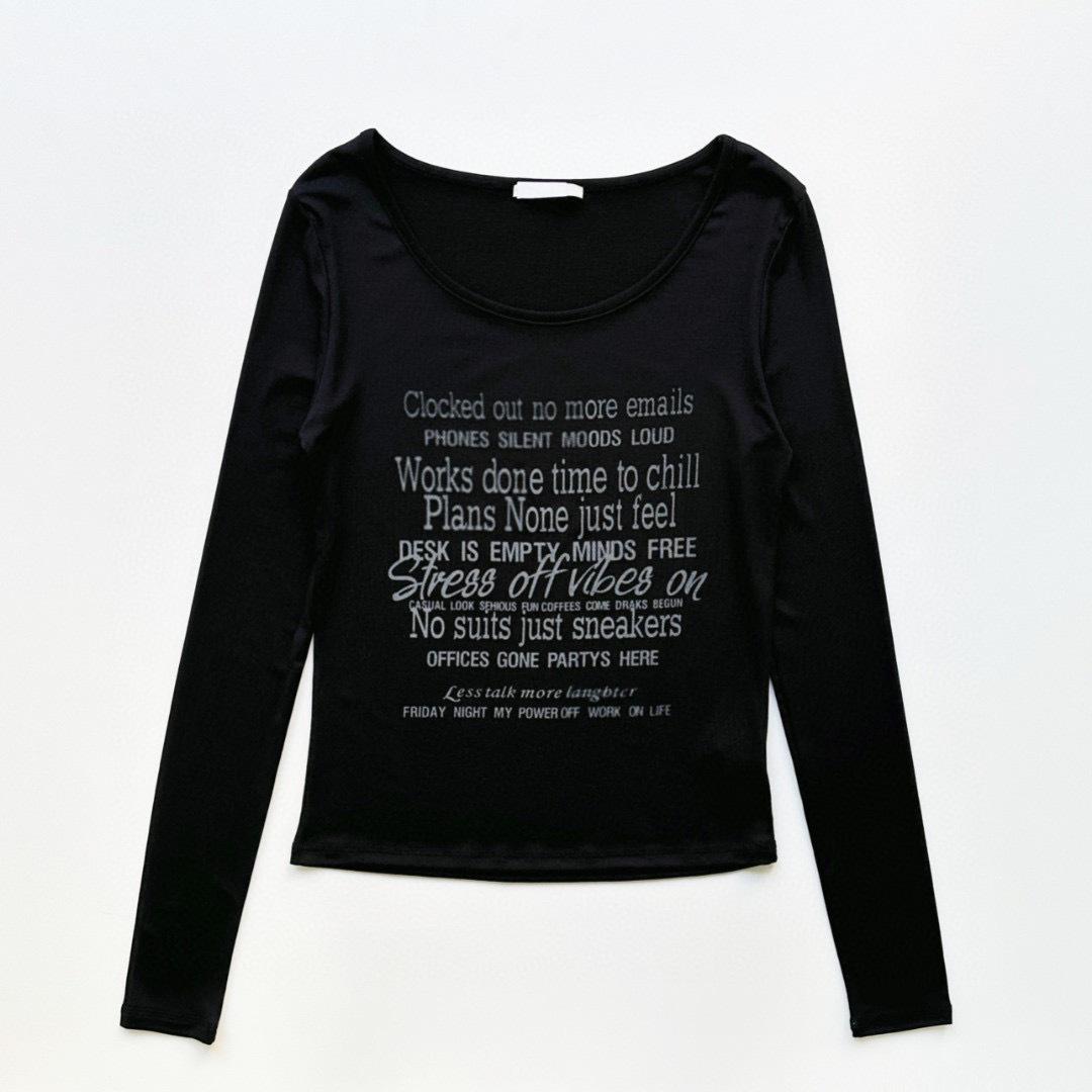 

New Style American Spicy Girl Letter Print Sheer Long Sleeve T-shirt One Size чорний