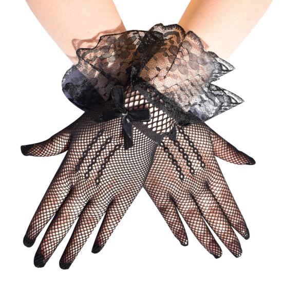 Women's Short Lace Gloves Sheer Mesh Tulle Wrist Length Gloves with Bow Wedding Bridal Fishnet Gloves Opera Tea Party Accessory