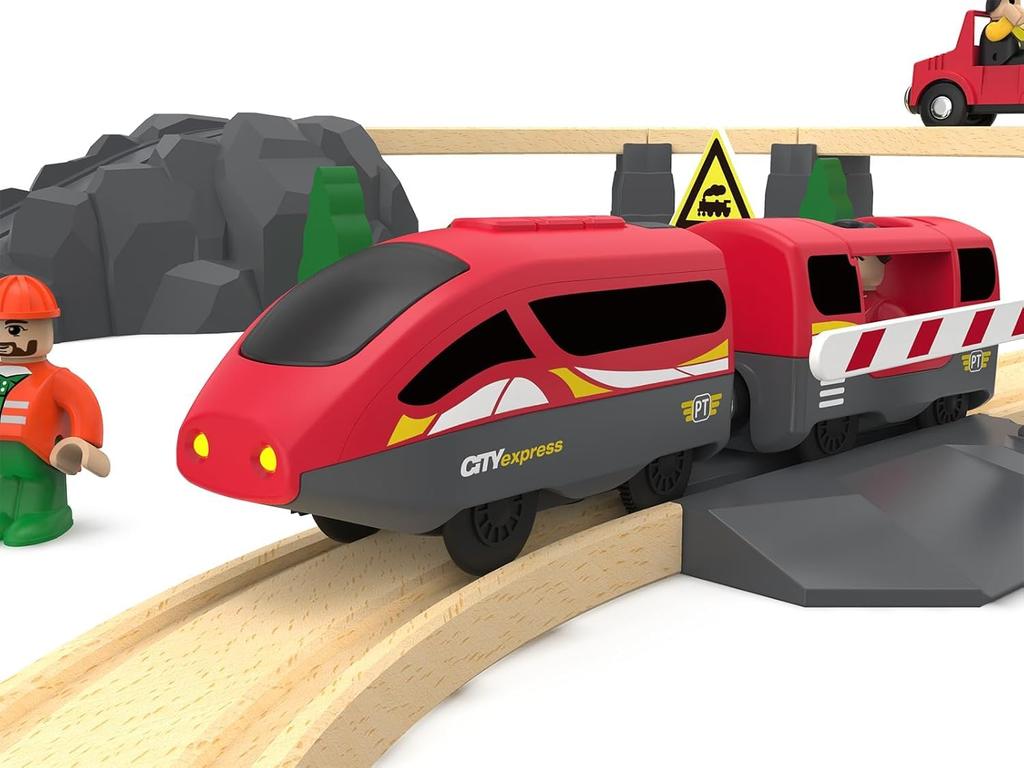 TOPLIVING Wooden Train Track Accessories Battery-Operated Locomotive with Magnetic Connection Compatible with Thomas, Brio, and Chuggington