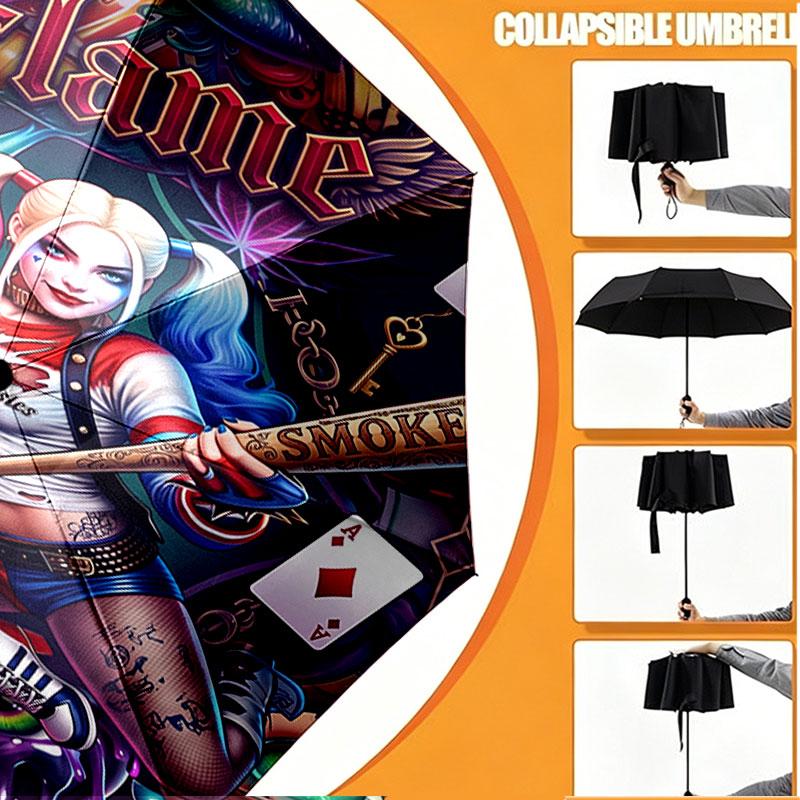 Custom Name Personalized Harley Quinn Print Umbrella, Auto Open Close, 8‑Rib Sturdy Frame, Commute Camping Hiking Use, Birthday Gift