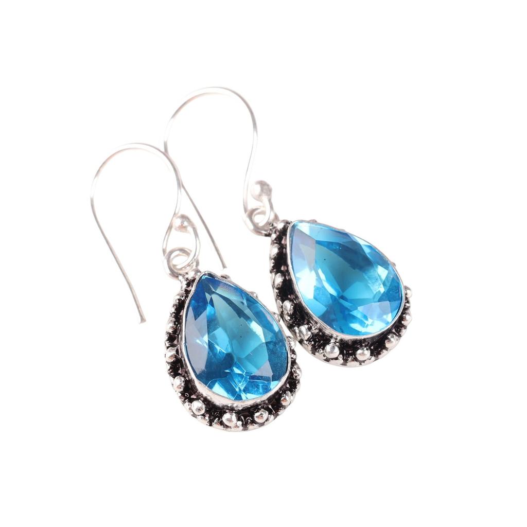 Swiss Blue Topaz Gemstone 925 Sterling Silver Handmade Earrings Gift For Her EE-97-4