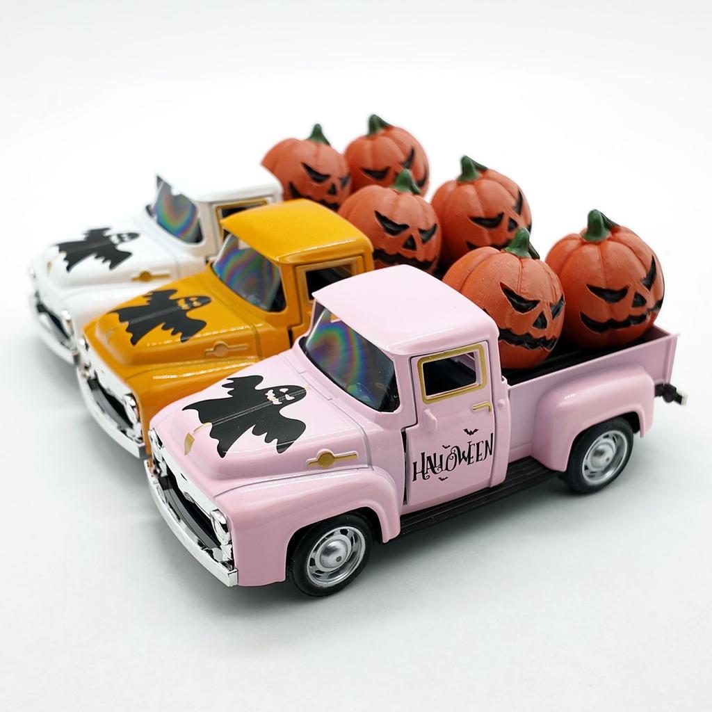 Vintage Halloween Alloy Truck Model with Pumpkins and Figurine for Holiday Decor