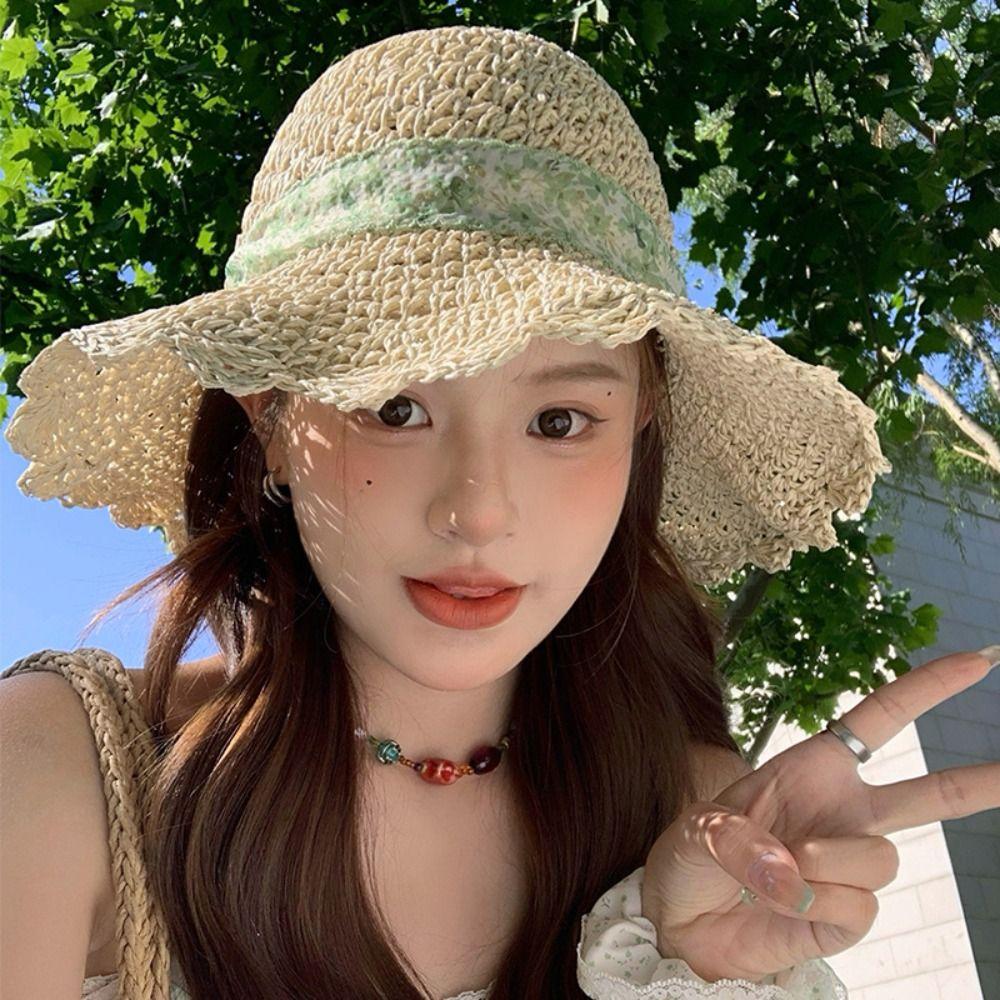 Big Brim Lace Straw Hat Spring Summer Women's Sun Hat Elegant Bow Ribbon Straw Hat  Lady