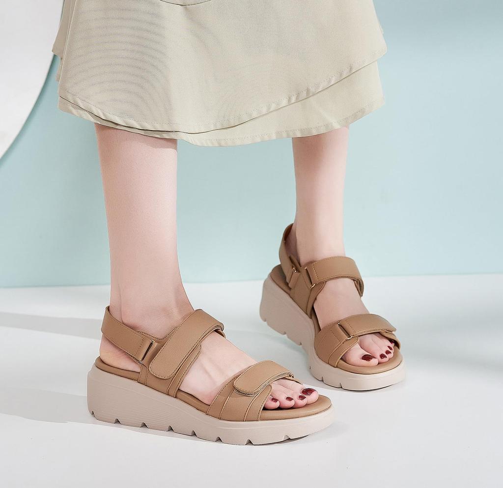 Wedge Easy to Walk [ZUYEE] Women's Sandals, Sole, Velcro, Comfort, Outdoor, Casual, Soft, in, Apricot, 22.5cm