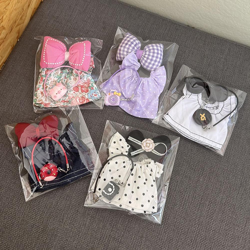 For 17cm Labubu Pendant for Children Dress Sweater Overalls T-shirt Sweater Hat Set Cartoon Messenger Bag