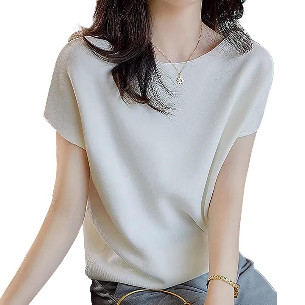 Short Summer Cut and Sewn French Elastic Summer [7-livehouse] Women's T-shirt, Sleeve, Knit, Top, Plain, Sleeve, Thin, Waist, Loungewear, Everyday,