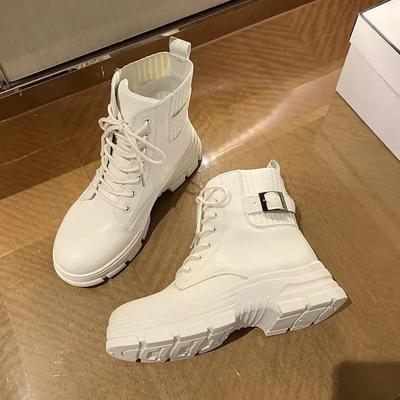 Fashion New Women White Ankle Boot PU Leather Thick Sole Lace Up , Booties Female Autumn Winter Platform Shoes Rubber Cowboy Boots