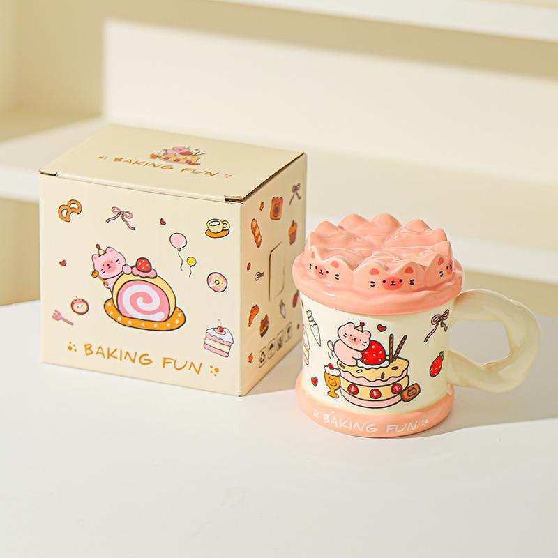 Hand drawn Birthday Cake Cute Cat Mug Office High Looking Girl Water Cup with Lid Home Couple Ceramic Cup