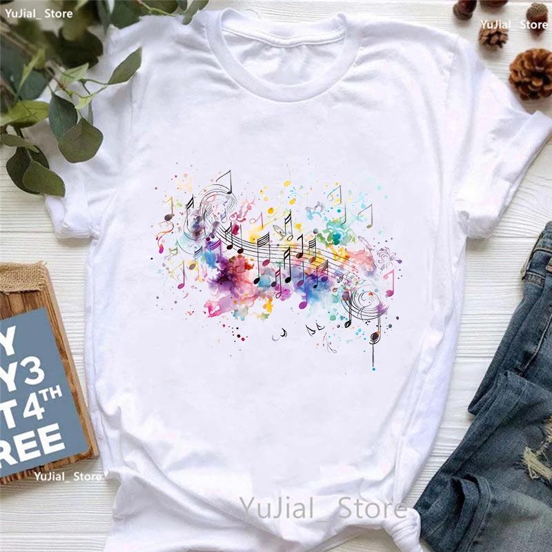 Watercolor Music Note Flowers Print T Shirt Girls Summer Fashion Tshirt Womem Hip Hop Tshirt Femme Harajuku Shirt Streetwear