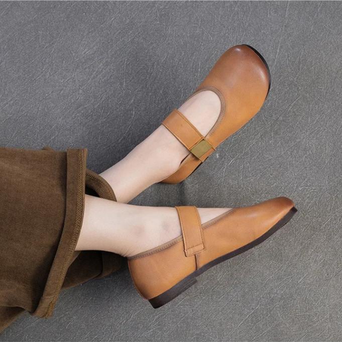 Johnature Retro Bequeme Rundspitze Flache Schuhe mit weicher Sohle Lässig Einfarbig Weiches Rindsleder Damenschuhe