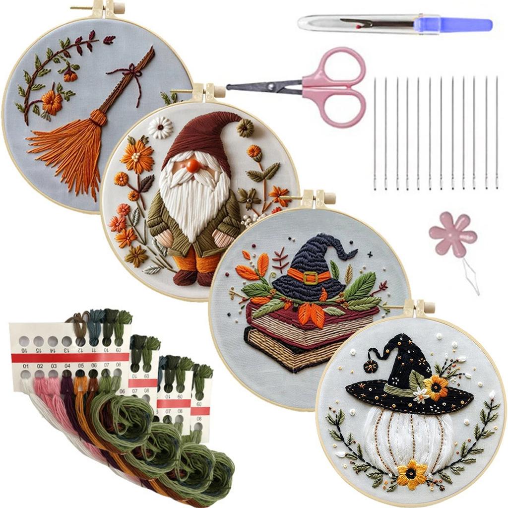 4pcs Stamped Cross Stitch Kits with Embroidery Hoop Needles Threads Instruction Cross Stitch Starter Kit with Halloween Patterns