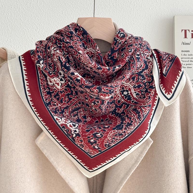 Women's French Red Cotton Silk Blend Scarf – 70CM Neck and Headscarf, Spring/Autumn Fashion Accessory