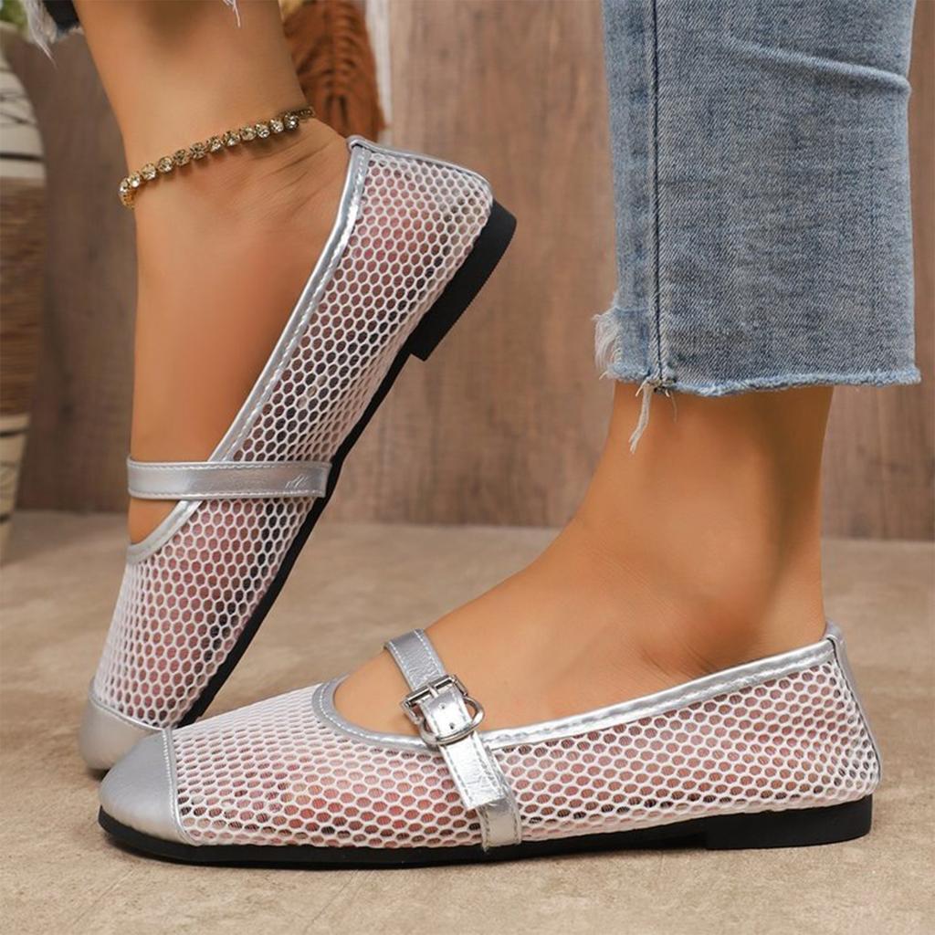 Women Summer Mesh Mary Jane Flats Shoes Breathable One Strap Casual Lightweight Slip On Ballet Flats with Buckle Closure