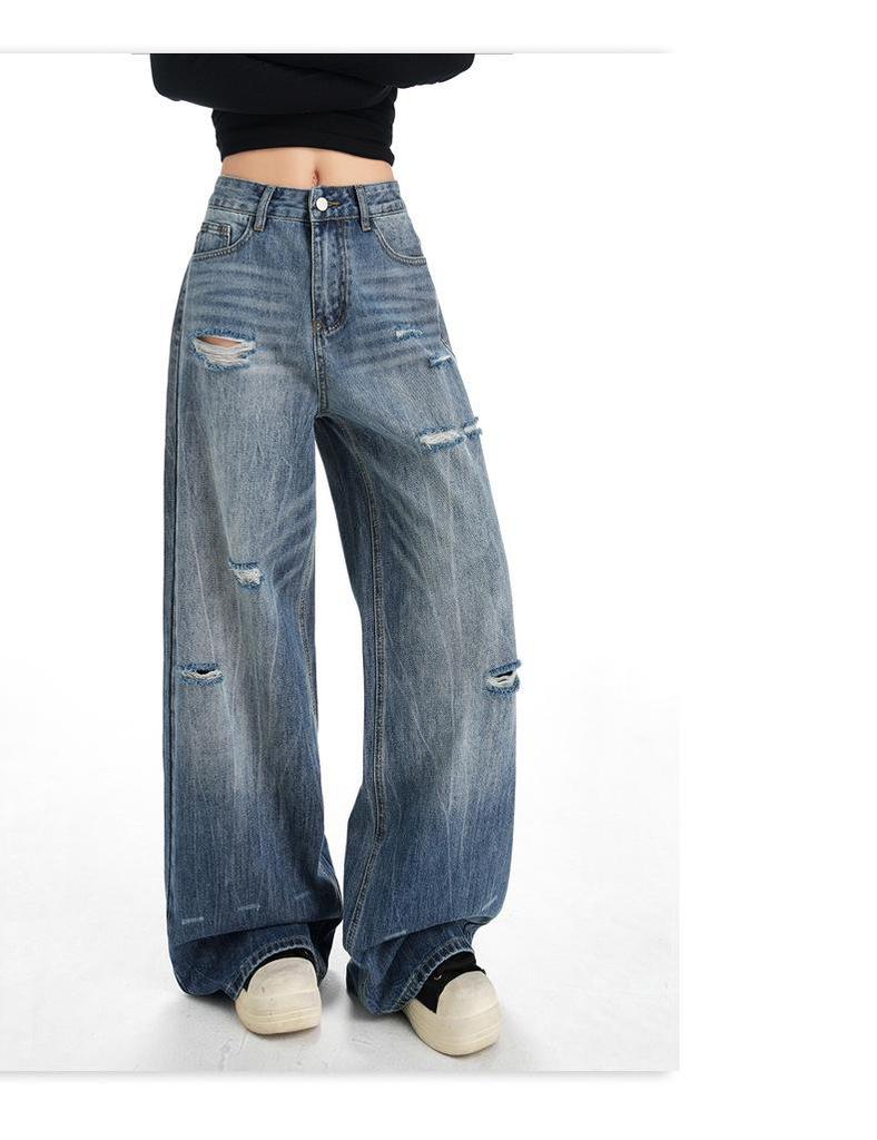 American Retro Wide-Leg Ripped Jeans - Women’s Fashionable Slimming Spring/Autumn Style