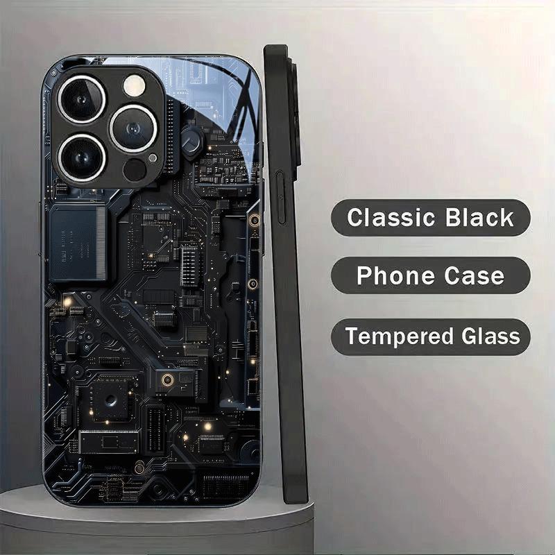 Black Cool Circuit Board Pattern Glass Phone Case For iPhone 17 Pro Max 16 15 14 13 12 11 Pro 16E 17Air 7 8 Plus XR XS X Cover