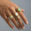 Bohemia Retro Gold Color Stainless Steel Artificial Pearl Shell Cameo Green Opal Stone Open Adjustable Rings for Women Jewelry