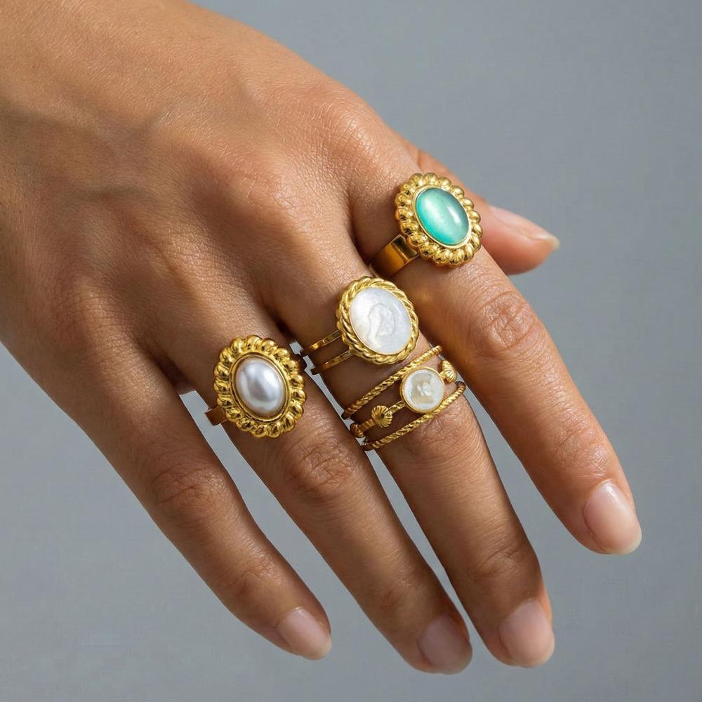 Bohemia Retro Gold Color Stainless Steel Artificial Pearl Shell Cameo Green Opal Stone Open Adjustable Rings for Women Jewelry
