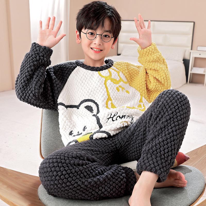 Flanell-Cartoon-Pyjama für Jungen - Langärmlig, Rundhalsausschnitt, Korallenfleece, Herbst/Winter