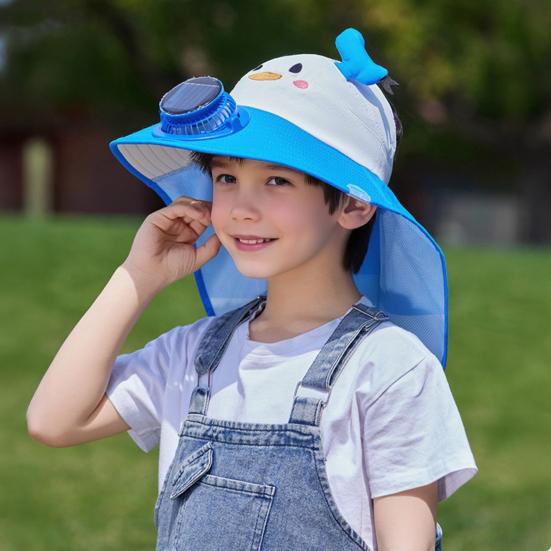 Kids Hat with Solar USB Powered Fan Cartoon Styling Shawl Design Adjustable Outdoor Hiking Cycling Fishing Cap