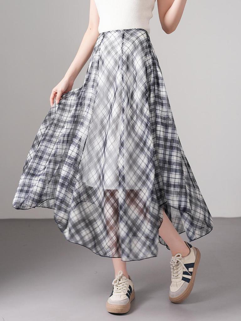 Plaid Asymmetrical Draped Chiffon Midi Skirt with Irregular Hem