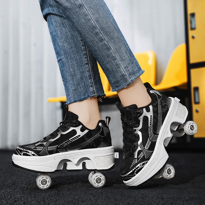 Big Four-wheel Flight Shoes One-button Shrink Runaway Shoes Boys' Pulley with Wheels Girls' Skates