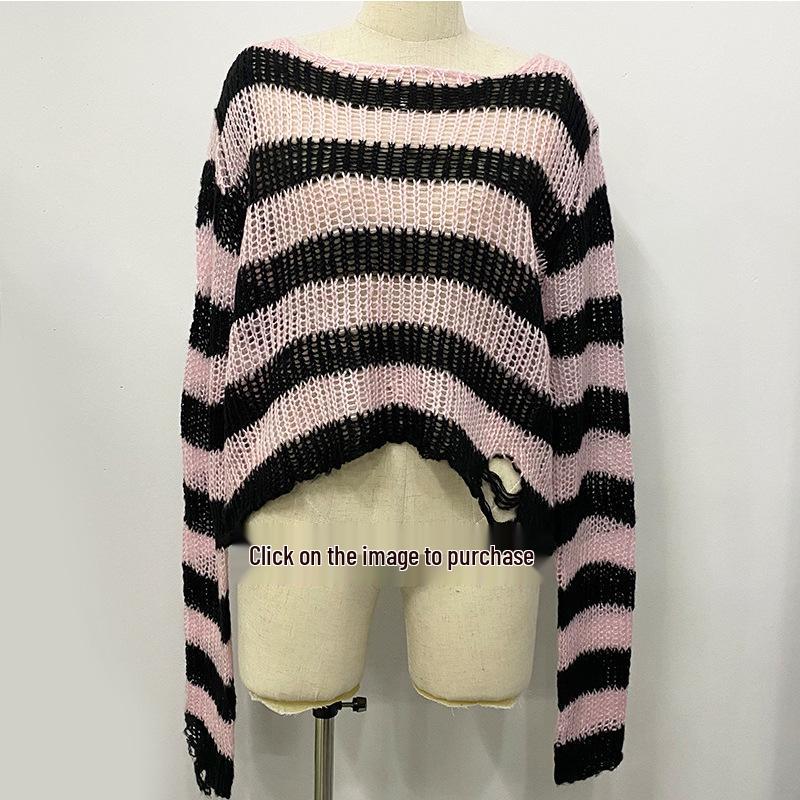 Stripet mohairstrikket genser: Damelengde Løs passform med rippede detaljer