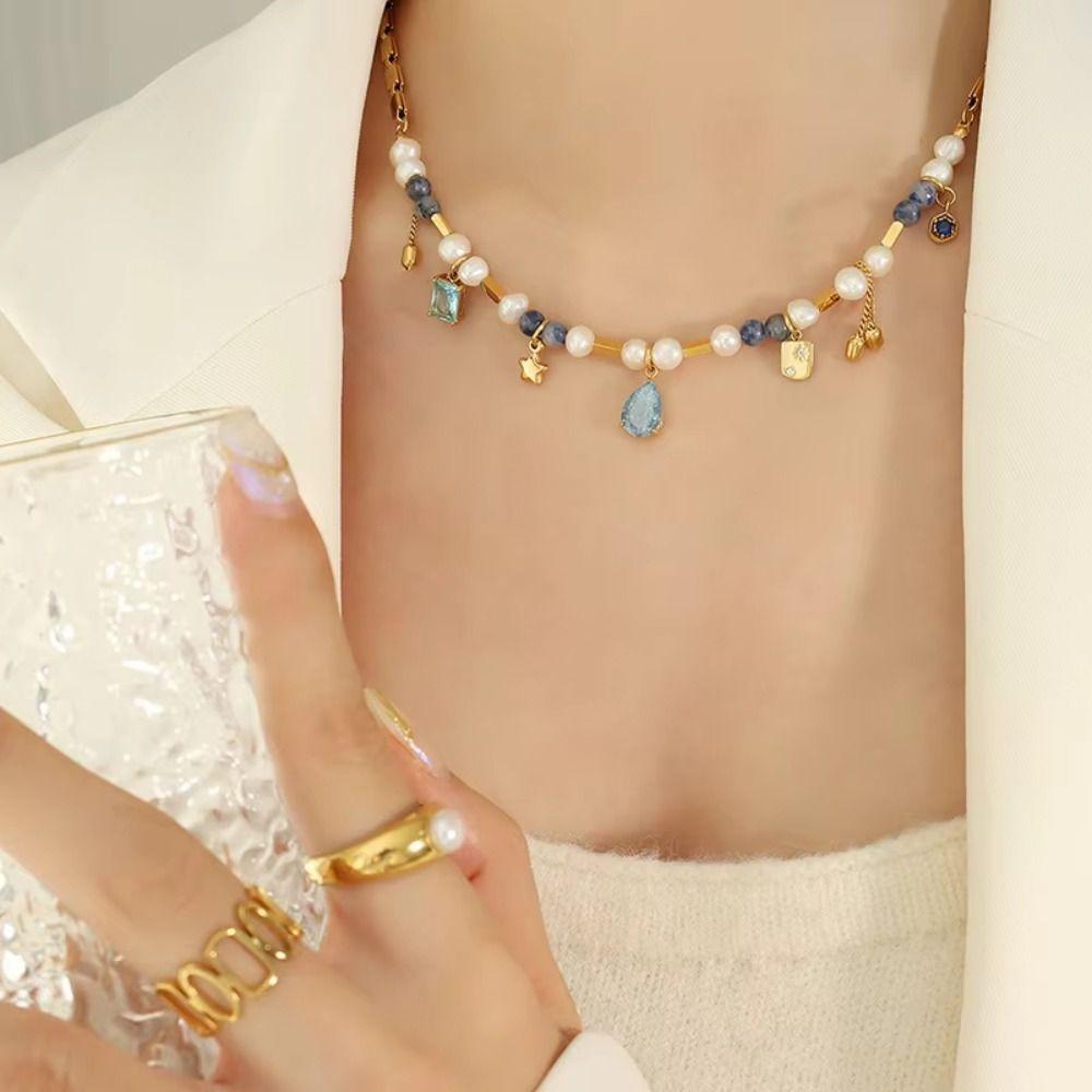 Fashion Pearl Necklace Natural Freshwater Pearl Bead Crystal Pendant Necklace  Travel