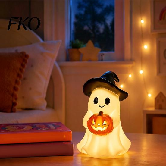 LED Pumpkin Decor Halloween Ghost Figurine, Cute Resin Holding Spooky Table Centerpiece Statue for Desk Tabletop Indoor Home Safe Flameless