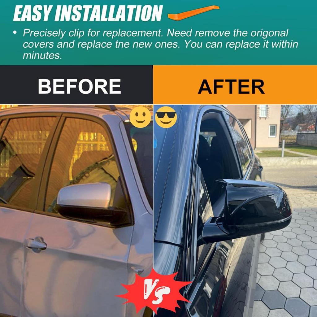 M Style Replacement Rear View Mirror Cap Cover for 2007-2013 BMW X5 E70 X6 E71 Exterior Accessories Tuning Parts, Glossy Black - 1 Pair (Left-Right)