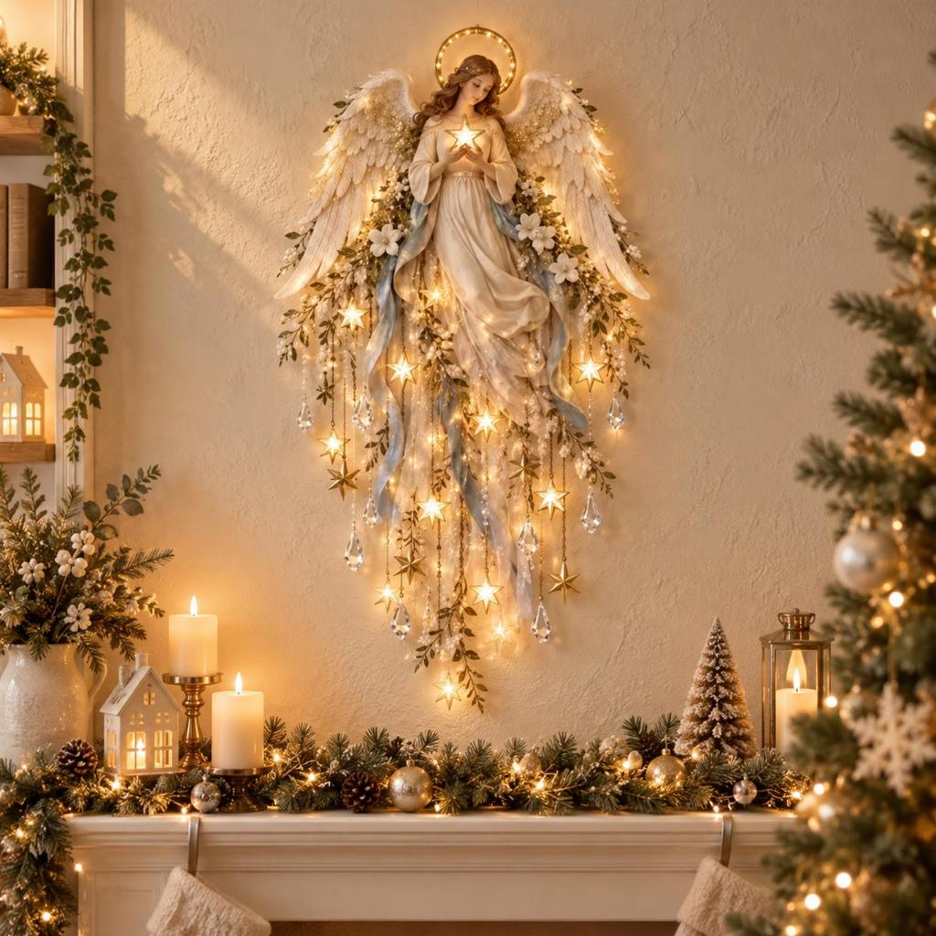 Acrylic Holiday Angel Wall Art with Pendant Accents Layered Floral Hanging
