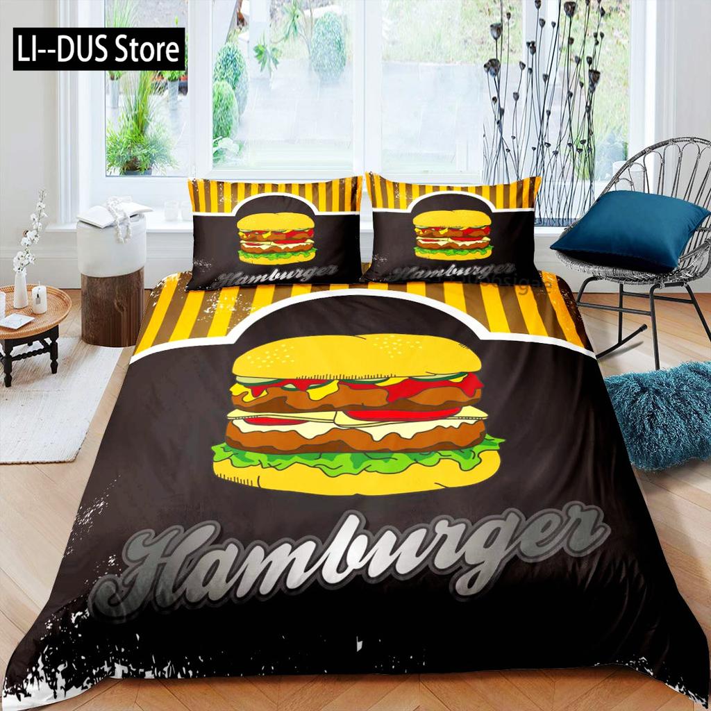 Hamburger Duvet Cover Set Meat Cheese Comforter Cover Fast Food Theme Bedding Set Cartoon Hamburg Pattern Quilt Cover For Kids
