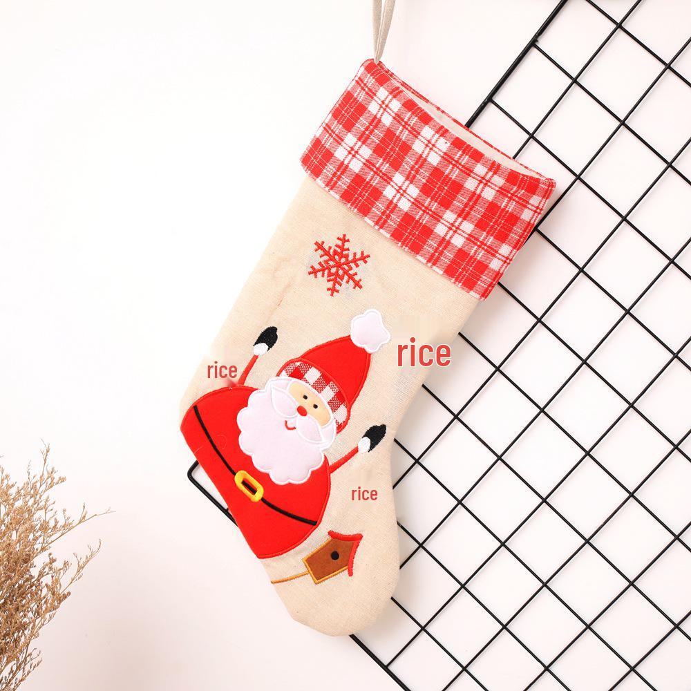 High-Grade Burlap Christmas Stocking with Santa and Snowman Embroidery Ornaments