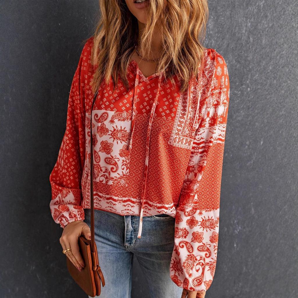 Women V Neck Casual Long Sleeve Floral Print Blouse Loose Fit Lightweight Pullover Top for Everyday Wear