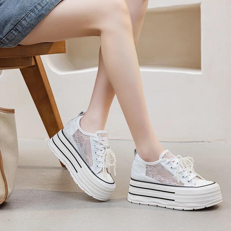 8CM Air Mesh Lace Micrifiber Leather Breathable Platform Wedge Women Vulcanize Hollow Summer String Bead Chunky Sneakers Shoes