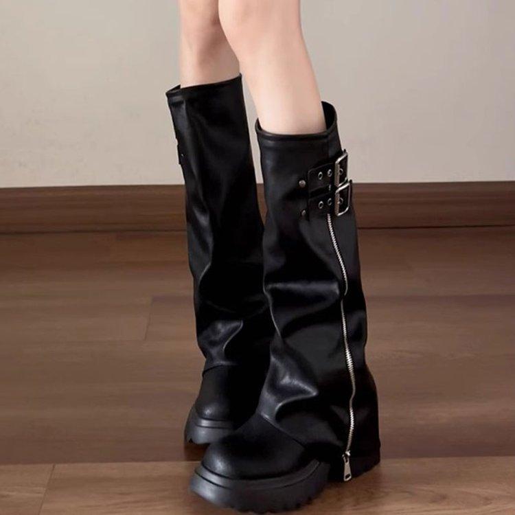 Big-headed trousers, stacked boots, women's autumn and winter thick-soled heightening, western boots, but knee boots, high boots