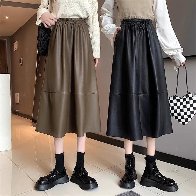 

2024 Women s High-Waist A-Line Leather Midi Skirt - Autumn Slimming Dress 4XL кавовий